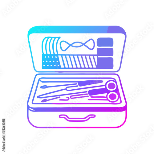 Sewing box with tools and supplies, gradient line style illustration