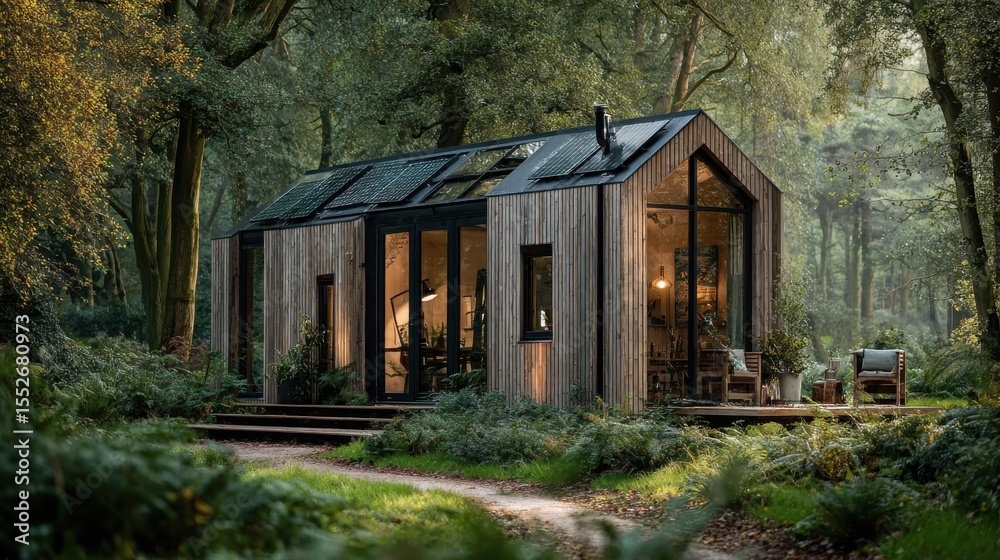 Obraz premium Sustainable Tiny House Designed with Natural Wood Siding and Expansive Windows Promoting Eco-Friendly Living and Minimalist Lifestyle
