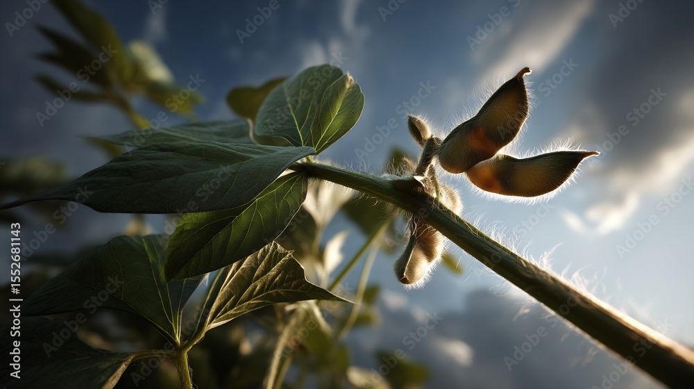 Fototapeta premium Soybean pods in the field, backlit by the sun against a cloudy sky background