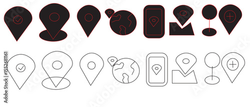 Collection of various location pin icons in black and white showing different designs and styles