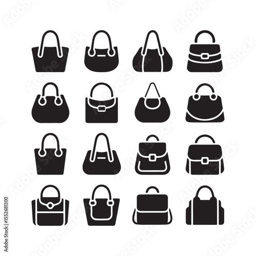 Black handbag and purse icons collection in flat vector style for fashion accessories.