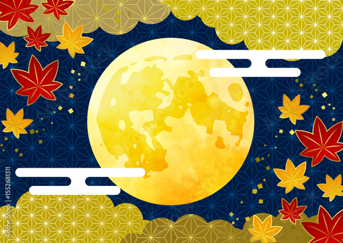 文様紅葉と満月の十五夜お月見背景、横、イラスト、かわいい