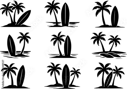  Surfboard and Palm Tree Vector Bundle