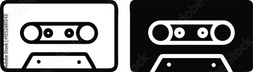 Minimalist Black and White Audio Cassette Tape Icon with Retro Vector Design