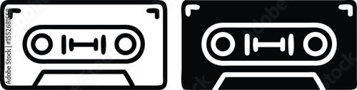 Minimalist Black and White Audio Cassette Tape Icon with Retro Vector Design