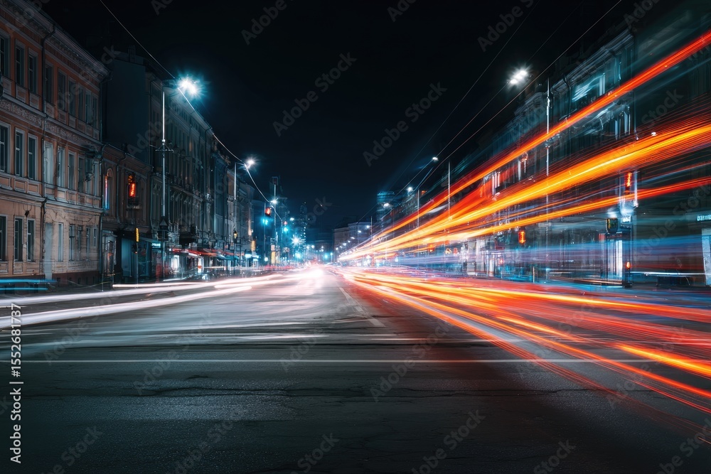 Naklejka premium City street at night with blurred light trails