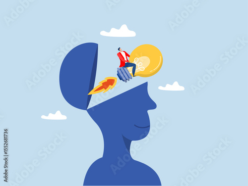 Creative new idea,Businessman or leader with light bulb rocket booster, Creative new idea, innovation start up business or inspiration to achieve success goal concept