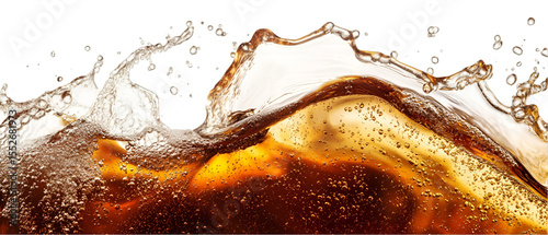 Rich amber liquid creates a dynamic splash against a stark black backdrop, showcasing movement and texture with fine bubbles, transparent background