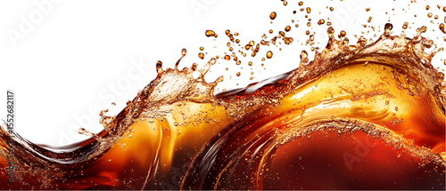 Golden liquid flows in an amber cascade against a stark black backdrop, creating dynamic splashes perfect for beverage designs, transparent background