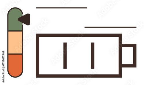 Battery icon next to a color-coded gauge highlighting energy levels in a clean, flat style. Ideal for power management, energy consumption, battery health, technology, efficiency, sustainability