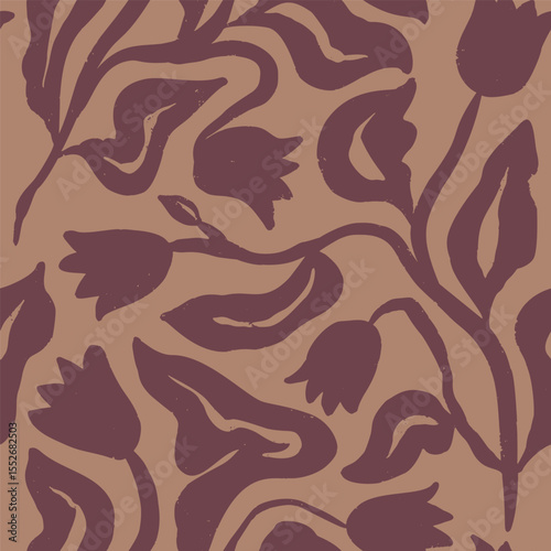 Brush strokes inky flowers brown seamless pattern. Abstract floral contemporary background. Textured botanical minimalist wallpaper