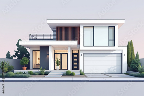 Modern, two-story house with contemporary design, situated on a city street, featuring a clean aesthetic.