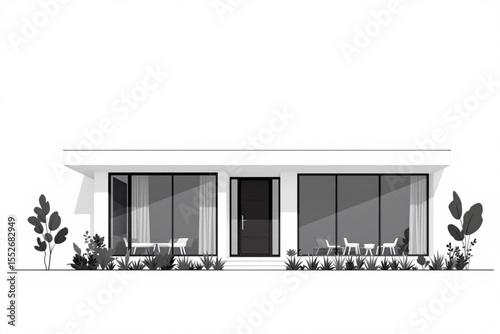 Modern minimalist house design, showcasing a sleek facade with expansive windows and subtle landscaping.