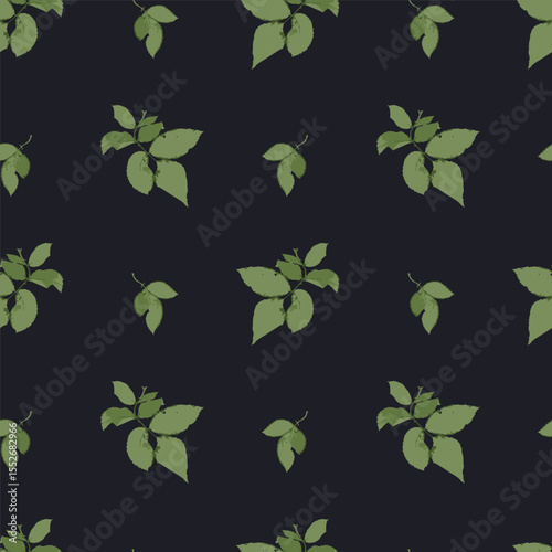Seamless pattern with dry herbarium leaves on black background. Cottagecore foliage wallpaper. Boho botanical texture. Ecological and natural design.