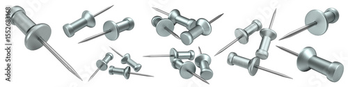 A collection of silver push pins with varying sizes, used for pinning notes or documents.