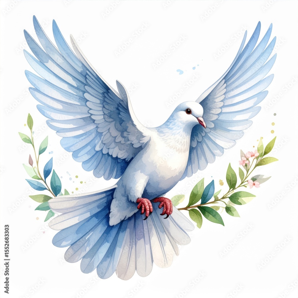 Obraz premium White Dove in Flight Watercolor Painting with Green Branches