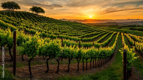 Fototapeta Naklejka Na Ścianę i Meble -  Lush vineyard with rolling green rows of grapevines under a golden sunset