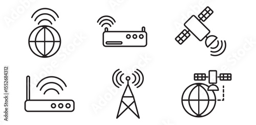 Set of router icons in line style isolated on white background, Wi-Fi, wireless connection symbol vector, antenna signal icon set, internet services, wireless service icon, black icons