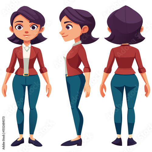 Cartoon Woman Character Design Front, Side, and Back Views