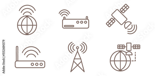 Wi-fi icon, vector set. Wireless satellite technology icon, vector set. Wi-fi, networking sign and symbol design. Router wireless technology, wireless internet signal element. Vector illustration.