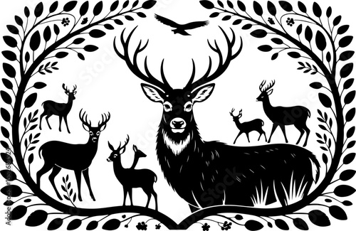  Deer Family and Stag in Forest Frame vector