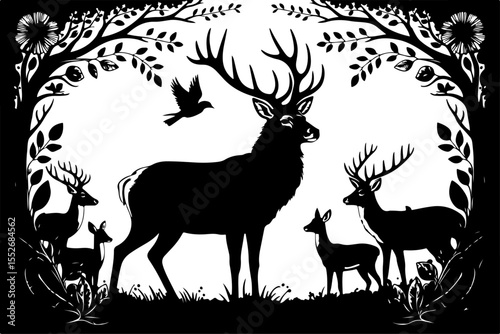  Deer Family and Stag in Forest Frame vector