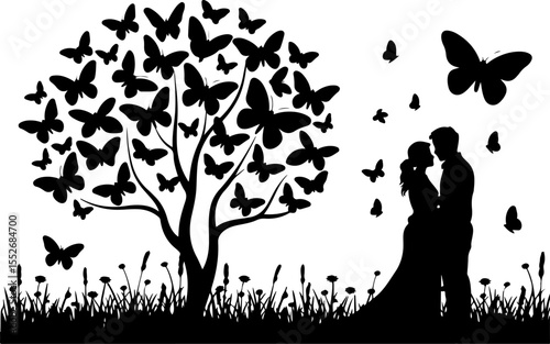 Love Tree with Butterflies Silhouette vector