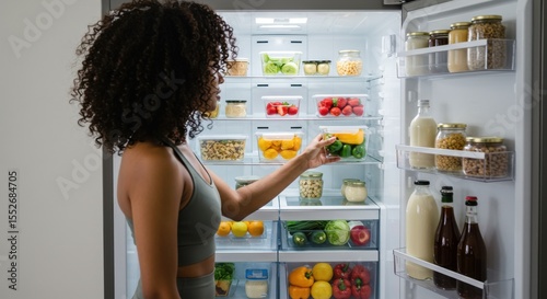 Person selecting food from a fully stocked refrigerator showcasing fresh produce and organized food storage for health and wellness emphasizing culinary choices and healthy eating practices