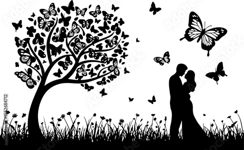 Love Tree with Butterflies Silhouette vector