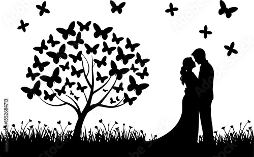 Love Tree with Butterflies Silhouette vector