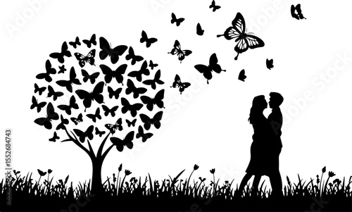 Love Tree with Butterflies Silhouette vector