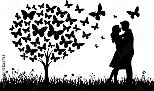 Love Tree with Butterflies Silhouette vector