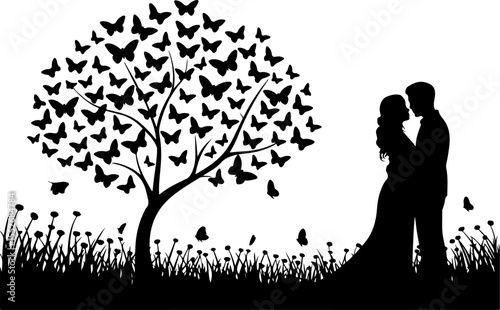 Love Tree with Butterflies Silhouette vector