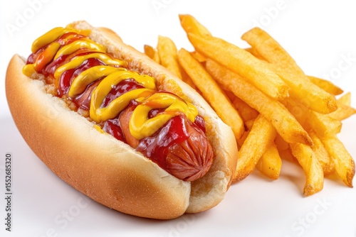 A classic hot dog in a soft bun, generously topped with ketchup and mustard, served alongside a portion of golden-brown, crispy French fries