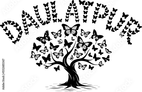 Love Tree with Butterflies Silhouette vector