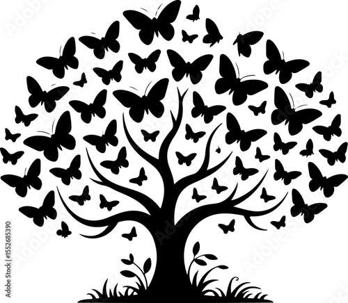 Love Tree with Butterflies Silhouette vector
