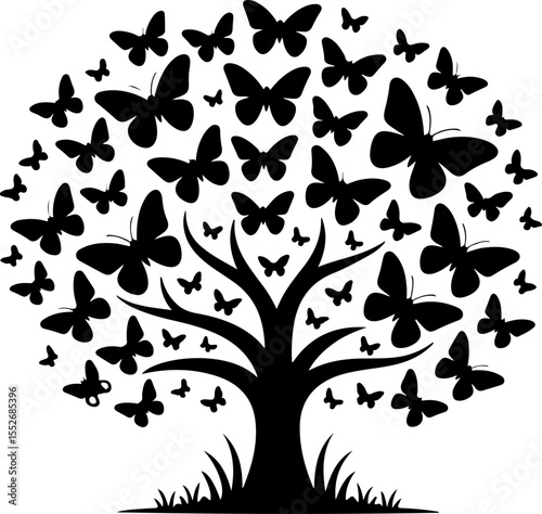 Love Tree with Butterflies Silhouette vector