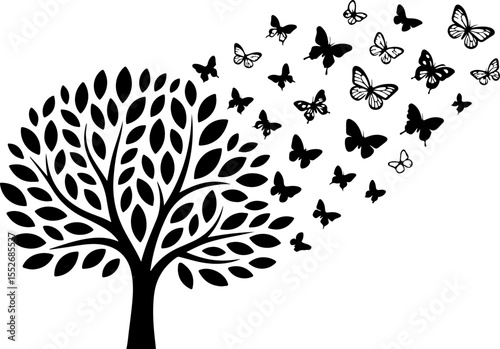 Love Tree with Butterflies Silhouette vector