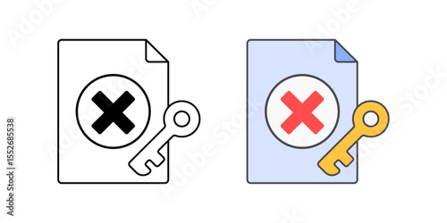 Access request denied icon with document, cross mark, and key, in outline and color styles, ideal for illustrating rejected permission requests, blocked account access, and IT security workflows.