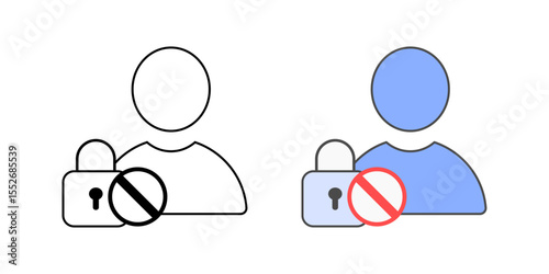 Locked account icon with user, lock, and blocked symbol, in outline and color styles, ideal for illustrating account lockout, restricted access, and IT security enforcement scenarios.