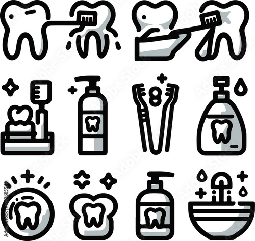 Dental care icons including toothbrush, mouthwash, and tooth  