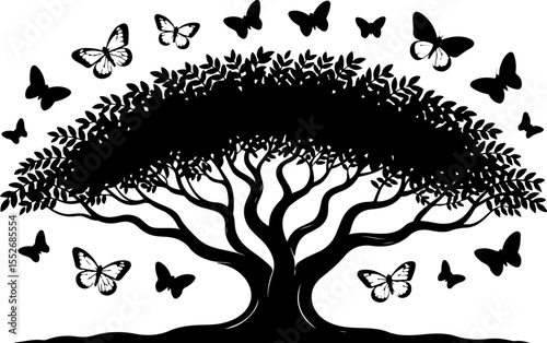 Love Tree with Butterflies Silhouette vector