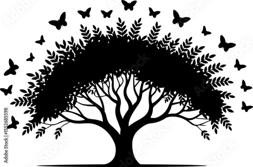 Love Tree with Butterflies Silhouette vector