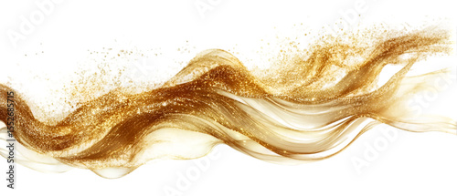 Golden liquid wave splashes dynamically across a transparent background, shimmering with glitter and reflecting light, creating an elegant, abstract effect.