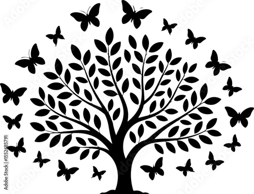 Love Tree with Butterflies Silhouette vector