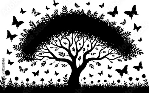 Love Tree with Butterflies Silhouette vector