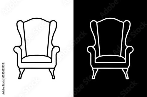 Wingback Chair Outline Icon. Elegant Line Art Vector in Black and White