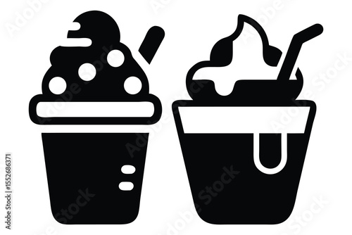 Two Stylized Black and White Drinks with Whipped Cream and Bubbles