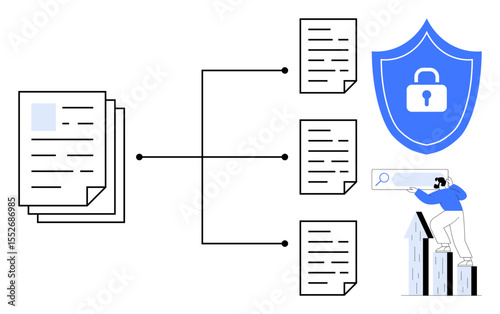 Centralized documents branching into multiple files, shield with lock, and user accessing search. Ideal for data security, cloud storage, digital workflow, cybersecurity, collaboration, privacy