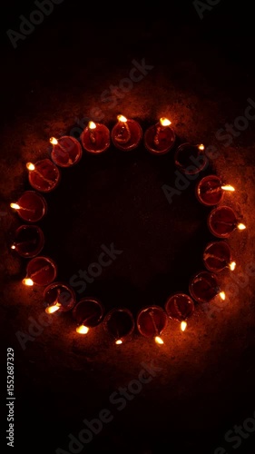 Vertical video of Indian festival Diwali, Closeup Festival Diya or Oil Lamp with Glowing Flame, diwali festive of light celebration background animation for social media story.